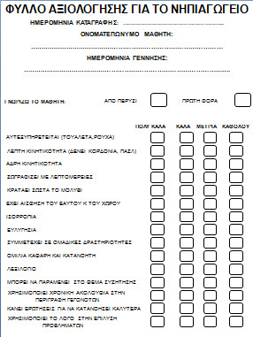 Φύλλα αξιολόγησης για τα παιδιά στο νηπιαγωγείο